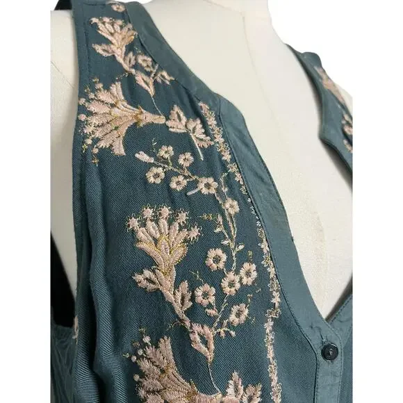 Embroidered Boho Dress Large Green Floral Sleeveless Belted Tiny Sundress - Picture 4 of 7